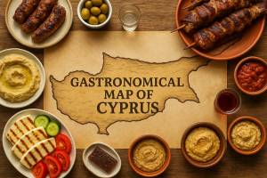 Traditional Cypriot food table with halloumi, souvla, zivania, and a rustic map of Cyprus in the background.
