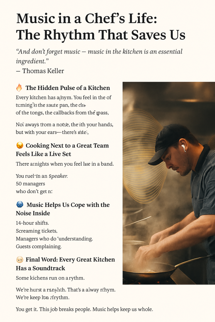 Chef focused in a smoky kitchen, wearing earbuds, with subtle music waves illustrated around him — symbolizing the rhythm of kitchen life