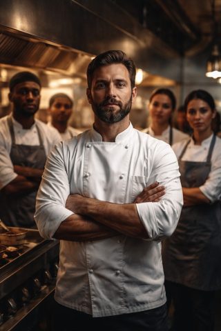 Chef standing with kitchen team during service, representing people-first leadership
