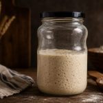 Healthy sourdough starter in a glass jar after recovering from vinegar smell and feeding