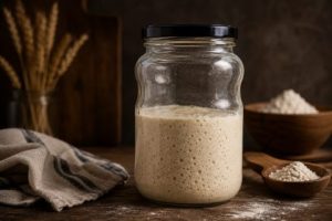 Healthy sourdough starter in a glass jar after recovering from vinegar smell and feeding