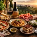 Traditional Italian cuisine featuring Neapolitan pizza, fresh pasta, Parmigiano Reggiano, mozzarella, cured meats, tiramisù, espresso and Tuscan wine.