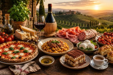 Traditional Italian cuisine featuring Neapolitan pizza, fresh pasta, Parmigiano Reggiano, mozzarella, cured meats, tiramisù, espresso and Tuscan wine.