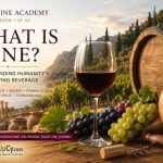 Feature image for Wine Academy Lesson 1 showing a glass of red wine, wine grapes, an oak barrel, clay amphora, and a Mediterranean vineyard representing the history and culture of winemaking
