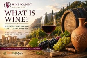 Feature image for Wine Academy Lesson 1 showing a glass of red wine, wine grapes, an oak barrel, clay amphora, and a Mediterranean vineyard representing the history and culture of winemaking